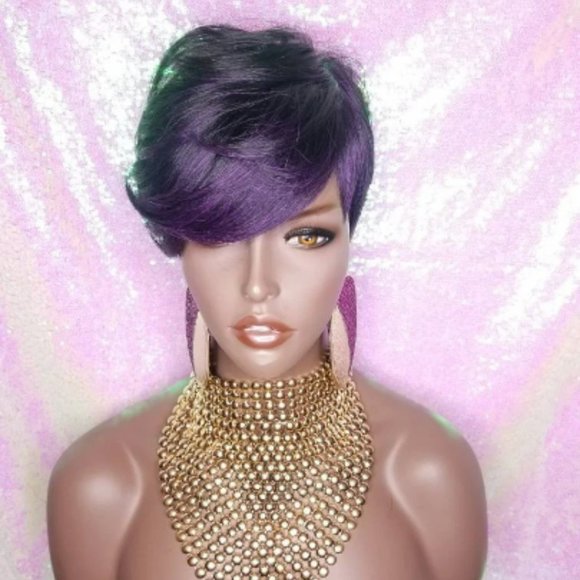 Purple Hair Pixie Cut Hairstyle Swoop Bang Fashion Trend Glueless Wig - Picture 6 of 7